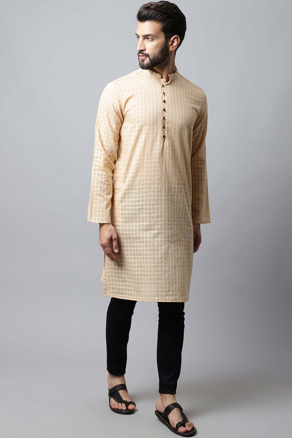 Men's Light Beige Solid Full Sleeve Long Kurta Top (LPP-CHK1200-BGC)