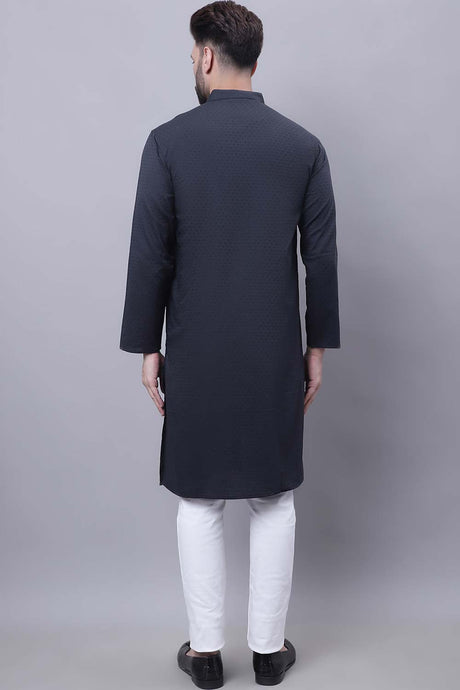 Buy Men's Black Cotton Self Design Long Kurta Top Online - Side
