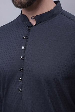 Buy Men's Black Cotton Self Design Long Kurta Top Online - Zoom In