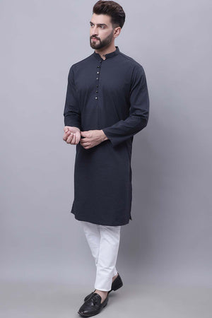 Buy Men's Black Cotton Self Design Long Kurta Top Online - Zoom Out