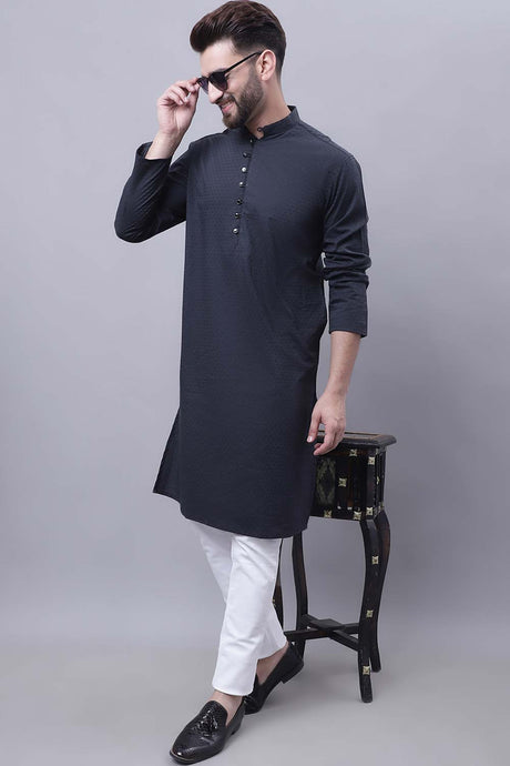 Buy Men's Black Cotton Self Design Long Kurta Top Online