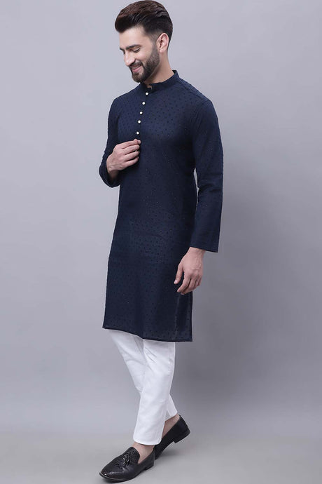 Buy Men's Blue Cotton Self Design Long Kurta Top Online - Zoom In