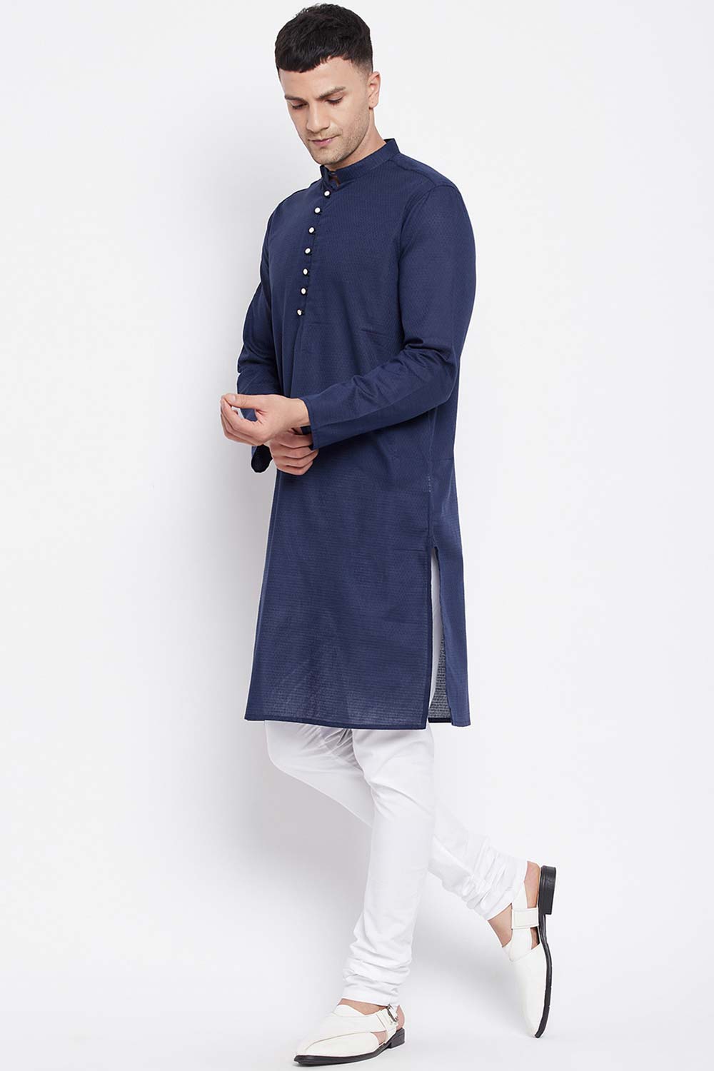 Buy Men's Rayon Solid Long Kurta in Navy Blue - Back
