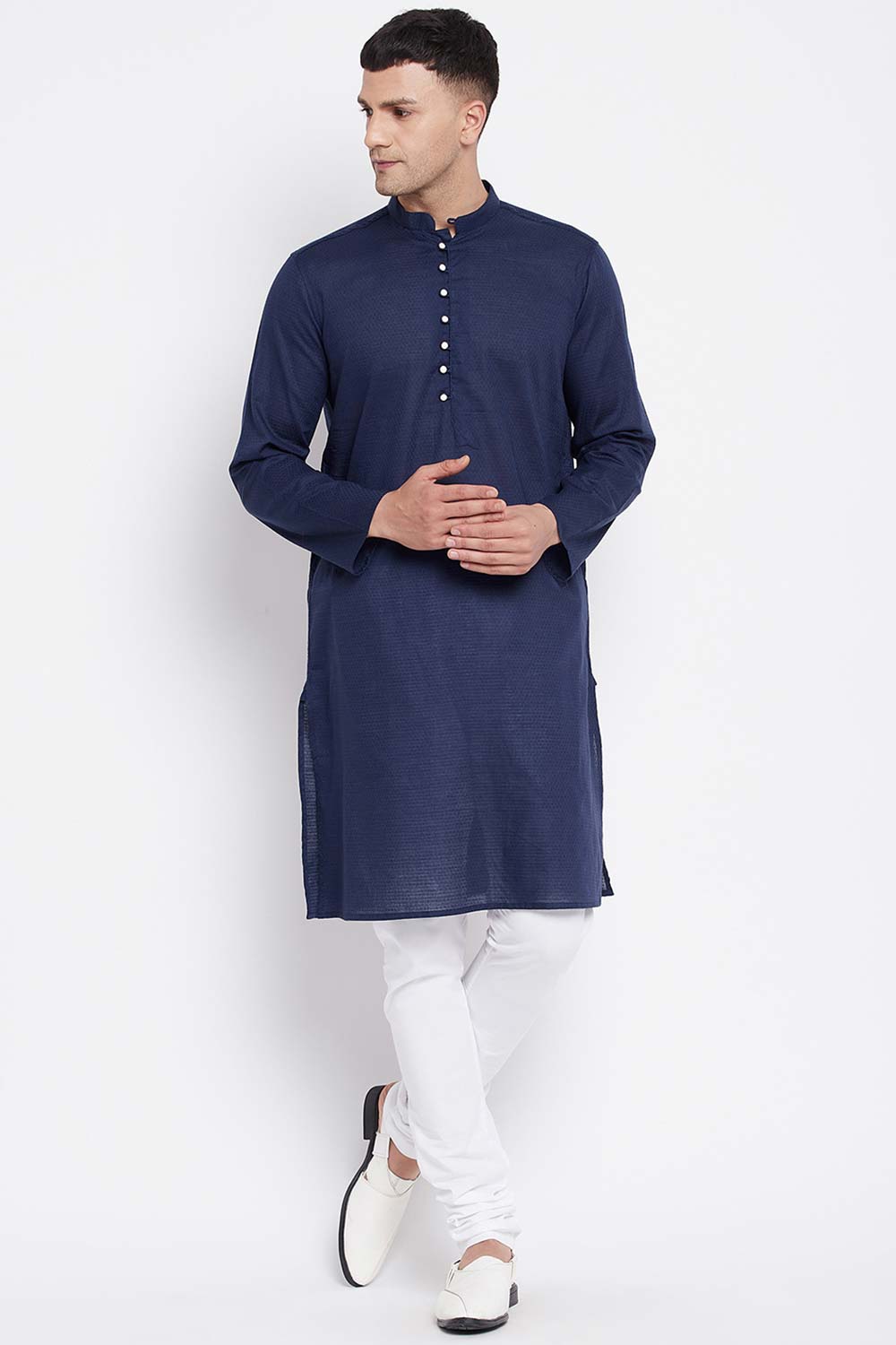 Buy Men's Rayon Solid Long Kurta in Navy Blue