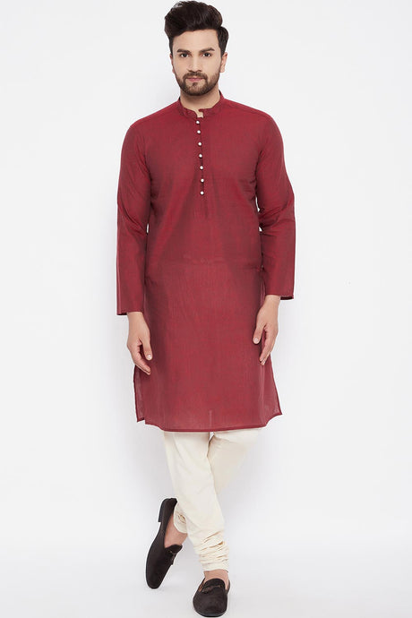 Buy Men's Dupion Art Silk Solid Kurta in Maroon