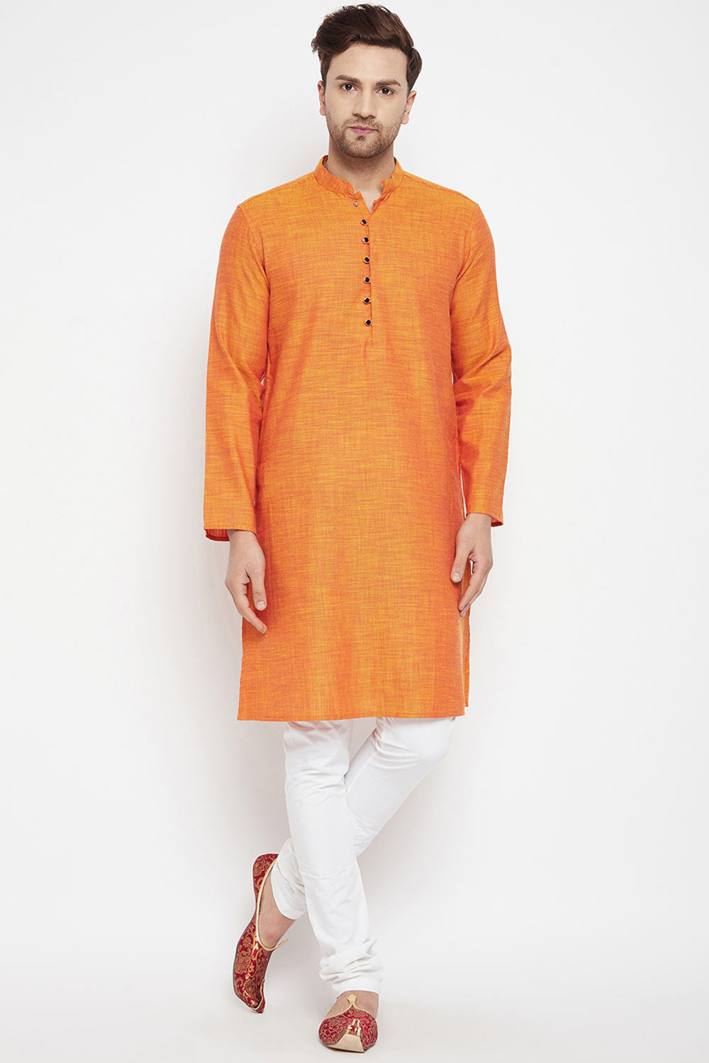 Buy Men's Pure Cotton Solid Kurta in Orange