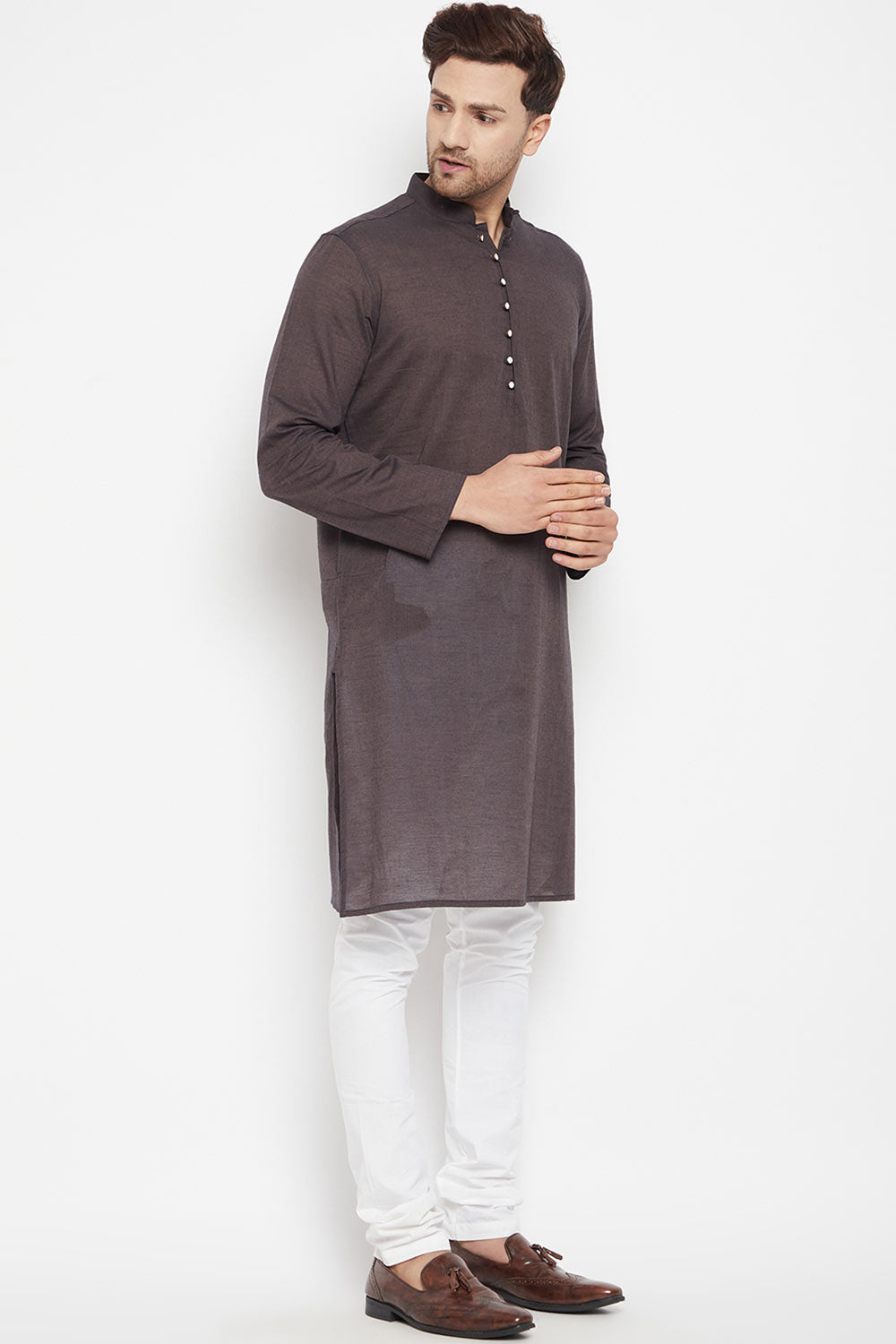 Buy Men's Pure Cotton Solid Kurta in Brown