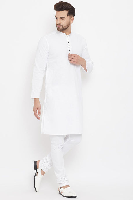 Buy Men's Blended Cotton Solid Kurta in White - Side