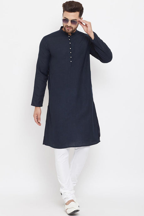 Buy Men's Blended Cotton Solid Kurta in Navy Blue - Back