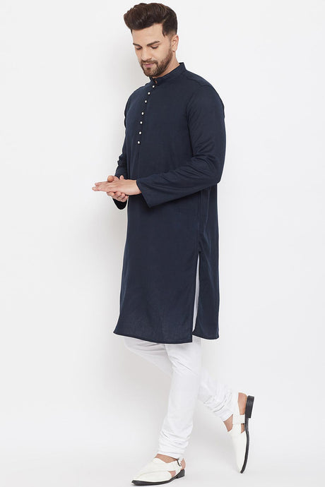 Buy Men's Blended Cotton Solid Kurta in Navy Blue - Front