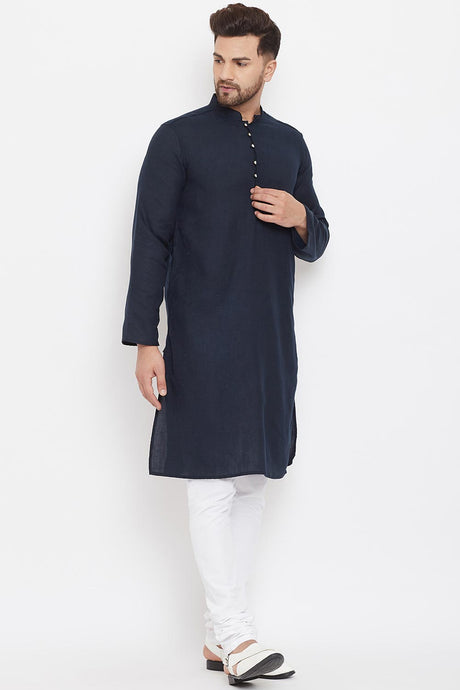 Buy Men's Blended Cotton Solid Kurta in Navy Blue - Side