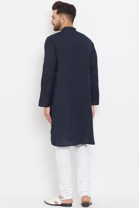 Buy Men's Blended Cotton Solid Kurta in Navy Blue - Zoom In