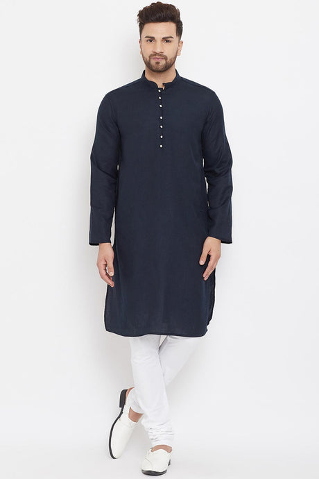 Buy Men's Blended Cotton Solid Kurta in Navy Blue Online