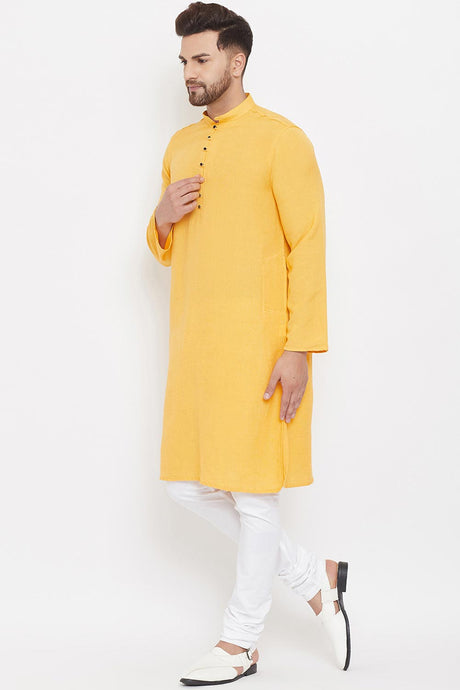 Buy Men's Blended Cotton Solid Kurta in Yellow - Front