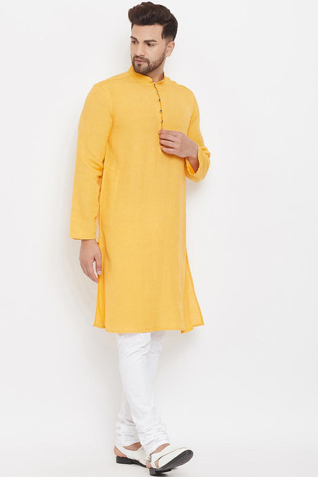 Buy Men's Blended Cotton Solid Kurta in Yellow - Side