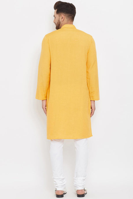 Buy Men's Blended Cotton Solid Kurta in Yellow - Zoom In