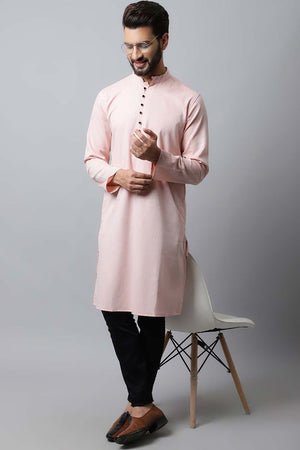 Men's Light Pink Solid Full Sleeve Long Kurta Top