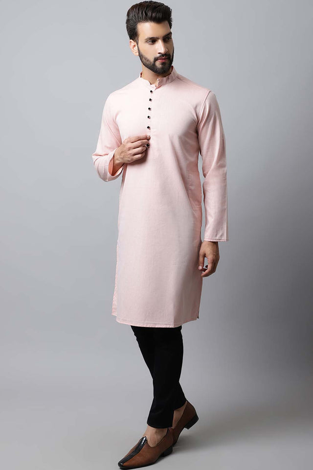 Men's Light Pink Solid Full Sleeve Long Kurta Top