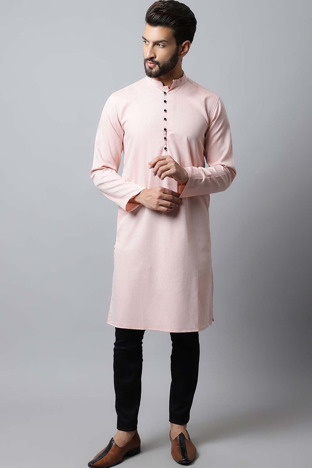 Men's Light Pink Solid Full Sleeve Long Kurta Top