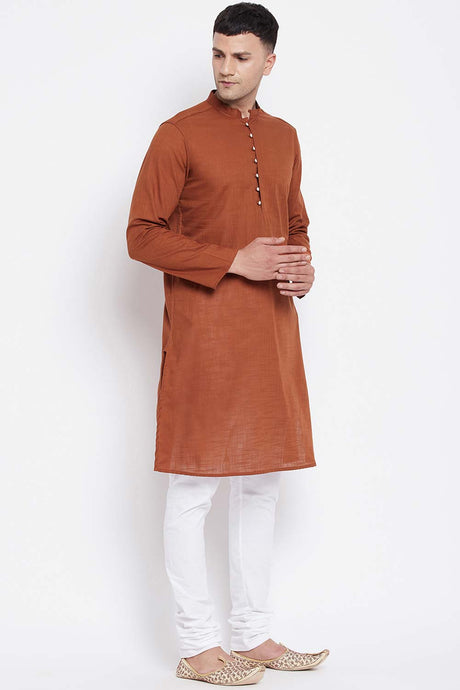 Buy Men's Pure Cotton Solid Long Kurta in Light Brown - Side
