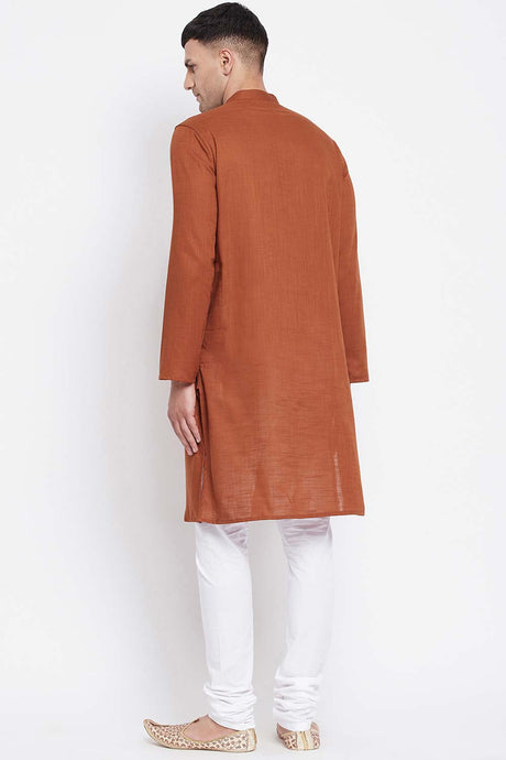 Buy Men's Pure Cotton Solid Long Kurta in Light Brown - Zoom in