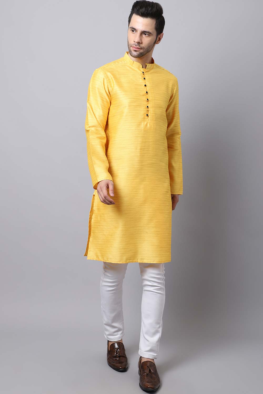 Men's Light Yellow Self-Design Full Sleeve Long Kurta Top (LPP-SLK1187-YWB)