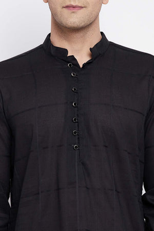 Buy Men's Pure Cotton Woven Checks Sherwani Kurta in Black - Zoom Out