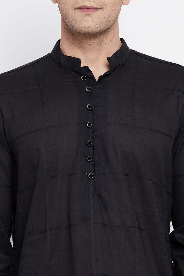 Buy Men's Pure Cotton Woven Checks Sherwani Kurta in Black - Zoom Out