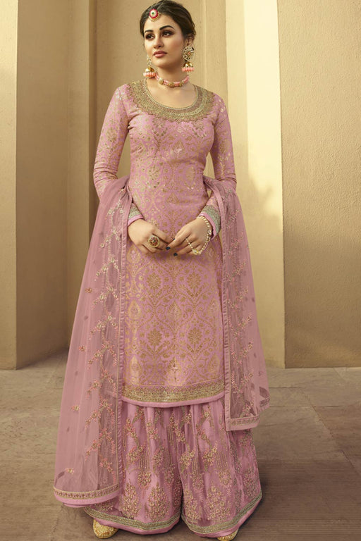 Captivating Baby Pink Faux Georgette multi layered party wear Sharara suit  - MEGHALYA - 3902461