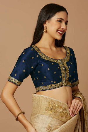 Blue Silk Elbow Length Padded Blouse
