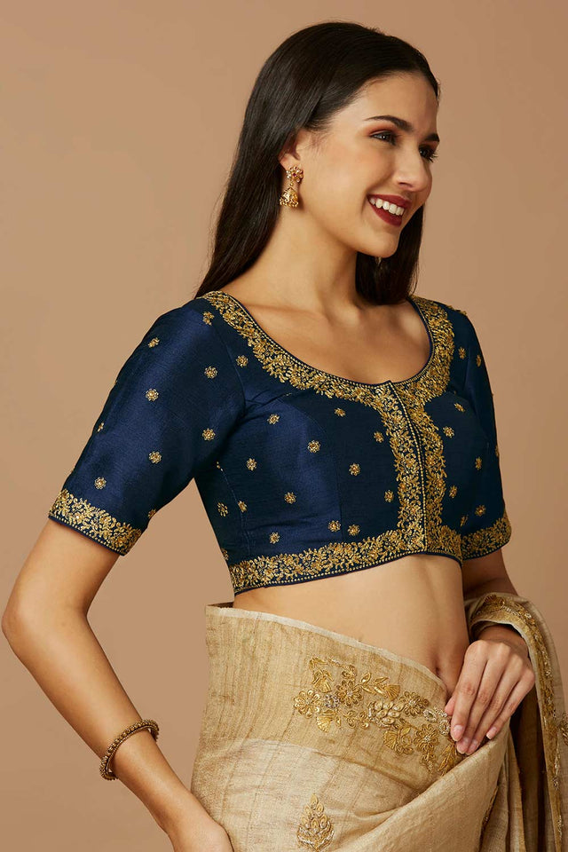 Blue Silk Elbow Length Padded Blouse