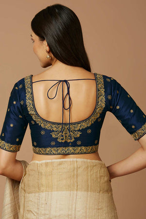 Blue Silk Elbow Length Padded Blouse