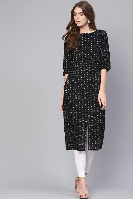 Buy Black & White Cotton geometric Printed Straight Kurta Online - Front