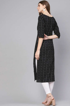 Buy Black & White Cotton geometric Printed Straight Kurta Online - Back