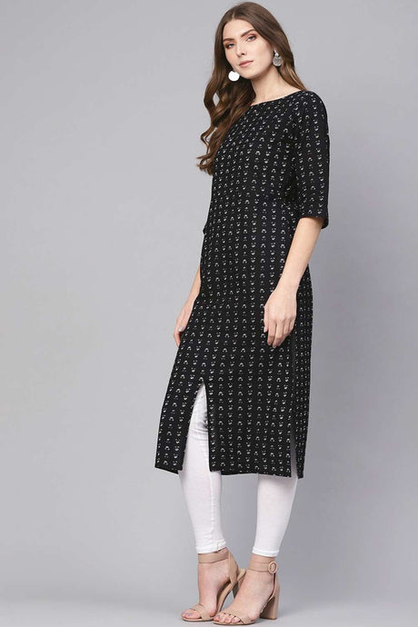 Buy Black & White Cotton geometric Printed Straight Kurta Online