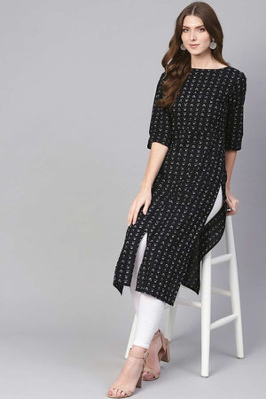 Buy Black & White Cotton geometric Printed Straight Kurta Online - Side
