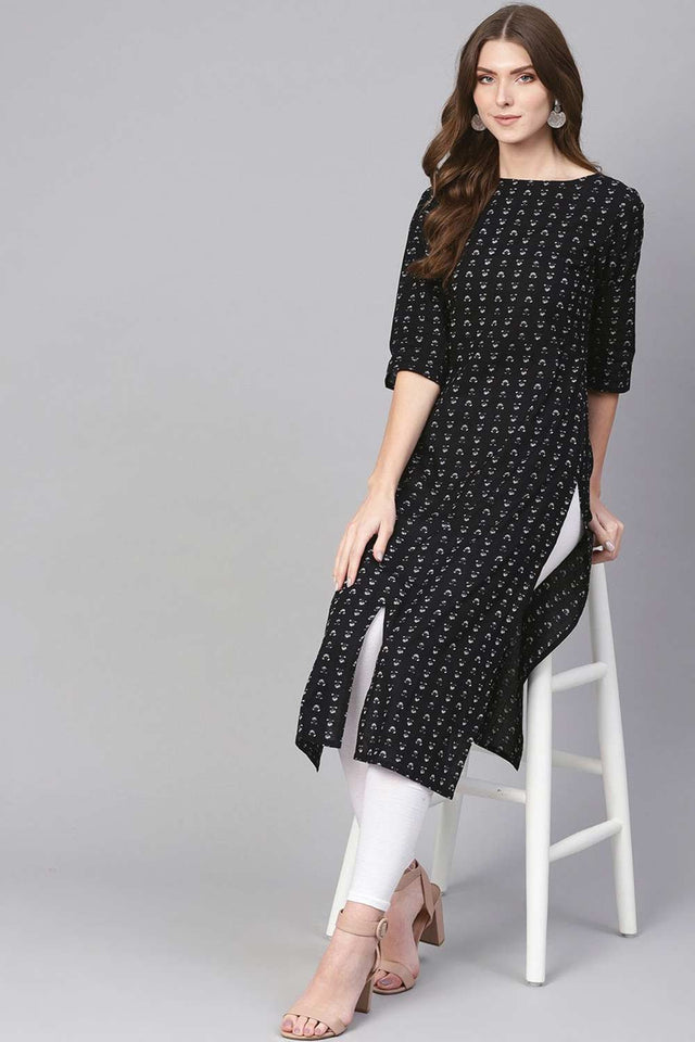 Buy Black & White Cotton geometric Printed Straight Kurta Online - Side