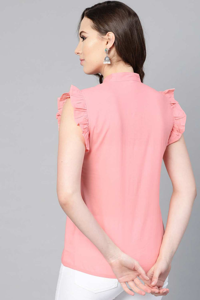 Buy Pastel pink Cotton Solid top with detailed sleeves Online - Side