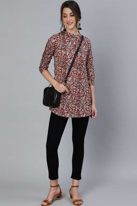 Buy Maroon Cotton Floral Printed Tunic Online - Zoom In