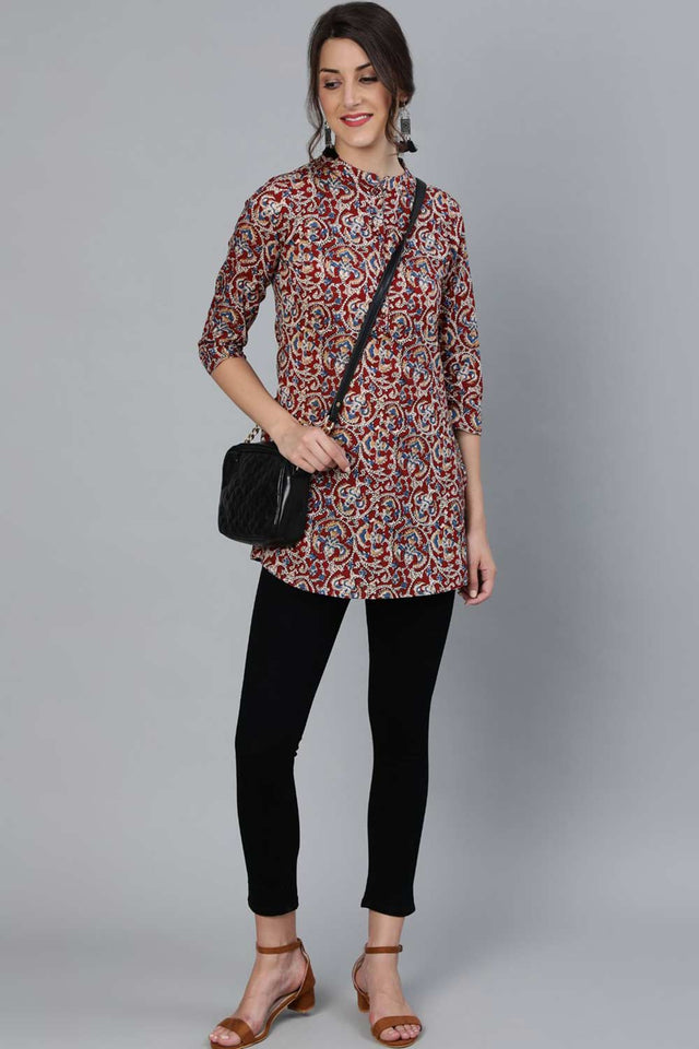 Buy Maroon Cotton Floral Printed Tunic Online - Zoom In