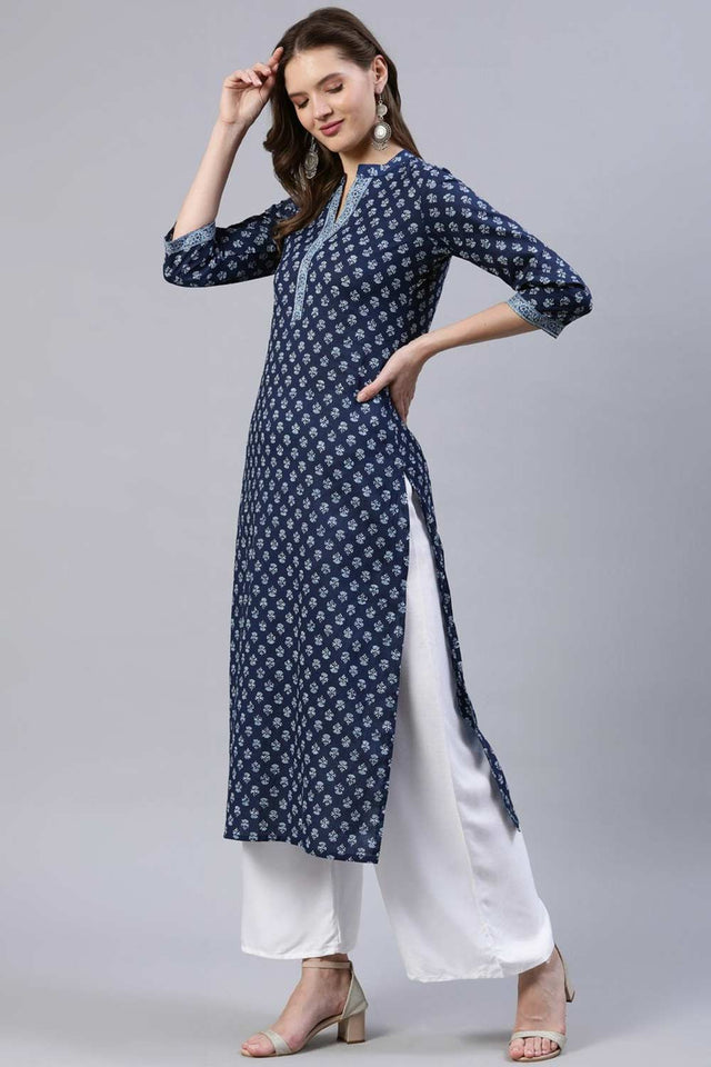 Buy Indigo Blue Cotton Floral Printed Straight Kurta Online - Front