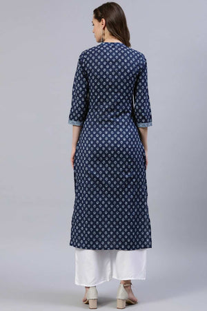 Buy Indigo Blue Cotton Floral Printed Straight Kurta Online - Side