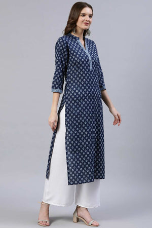 Buy Indigo Blue Cotton Floral Printed Straight Kurta Online - Zoom In