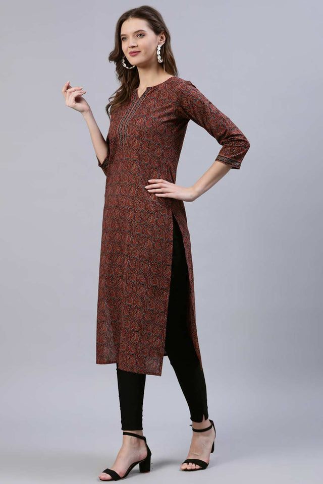 Buy Maroon Cotton geometric Printed Straight Kurta Online - Front