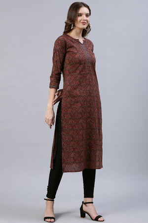 Buy Maroon Cotton geometric Printed Straight Kurta Online - Side