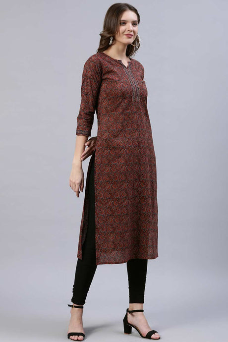 Buy Maroon Cotton geometric Printed Straight Kurta Online - Side