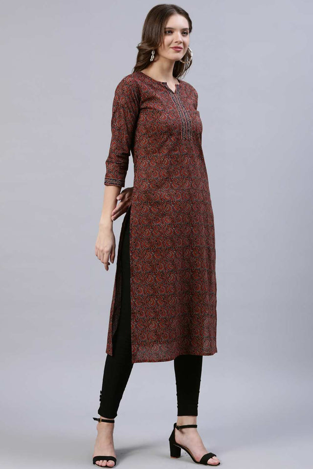 Buy Maroon Cotton geometric Printed Straight Kurta Online - Side