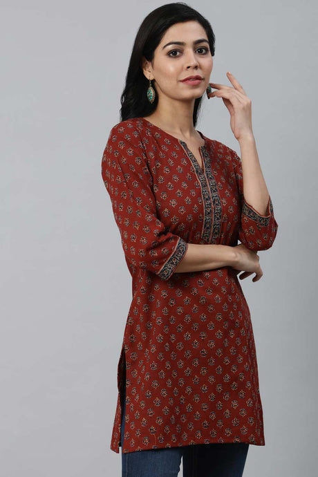 Buy Maroon Cotton Printed Straight Tunic Online - Front