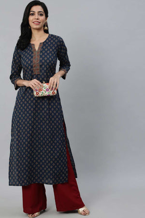 Buy Navy Blue Ethnic Cotton Floral Printed Straight kurta Online