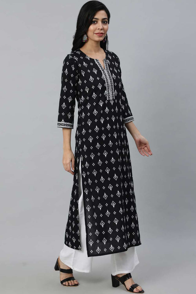 Buy Black Cotton geometric Printed Straight Kurta Online - Front